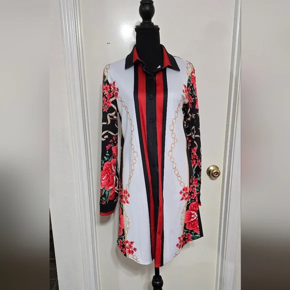 #00953 Floral Striped Button-Up Shirt Dress With Scarf - Picture 3 of 7